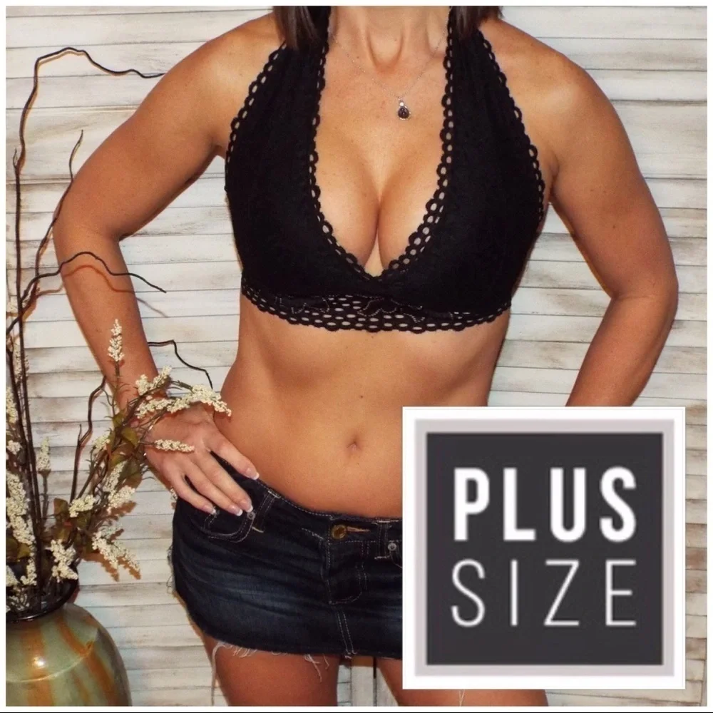 🎀PLUS Lace Halter Bralette Stretch Lined Blk 0119